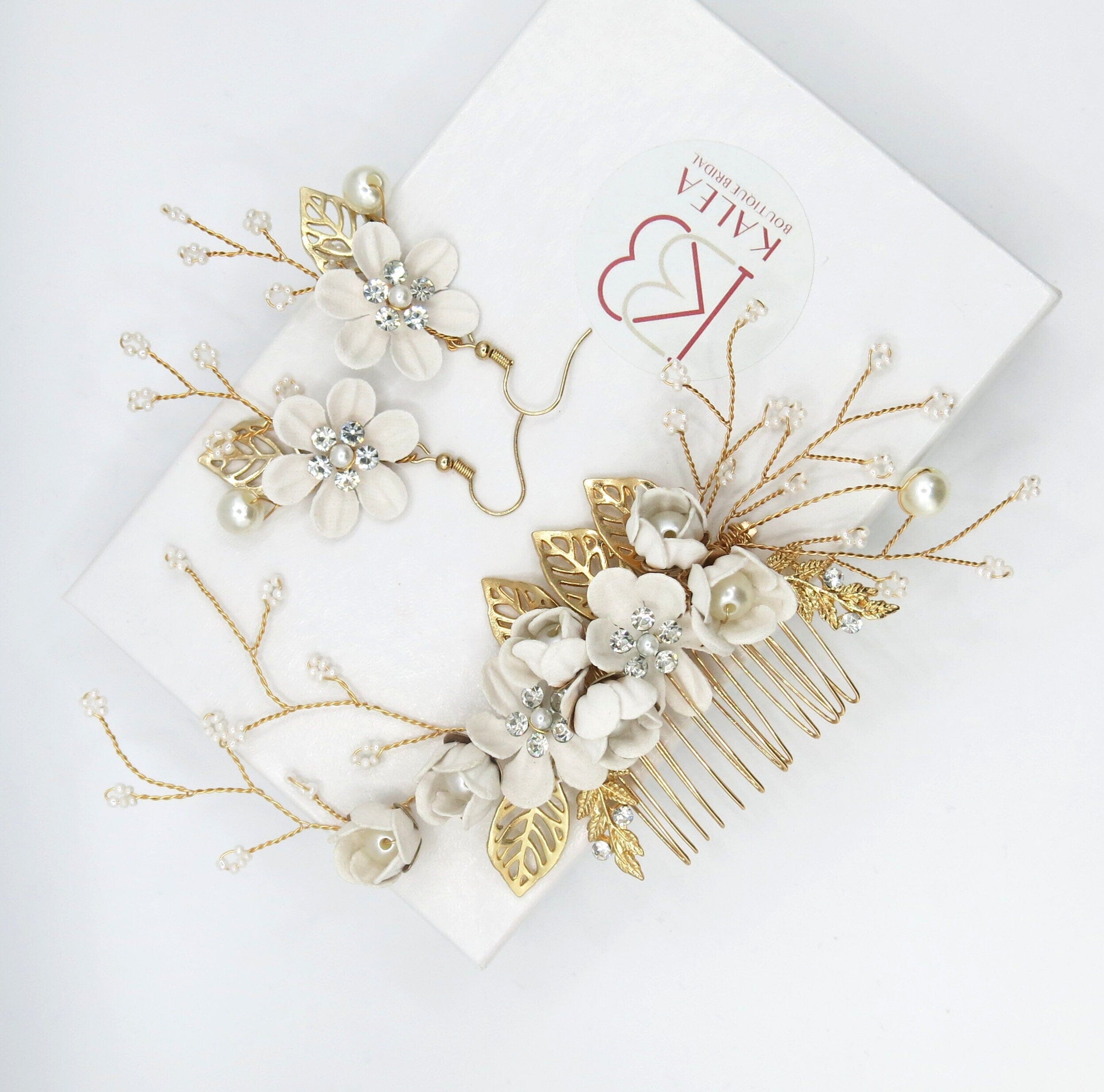 Off White Floral Hair Comb and Earrings 3 PC Set, Ivory 
