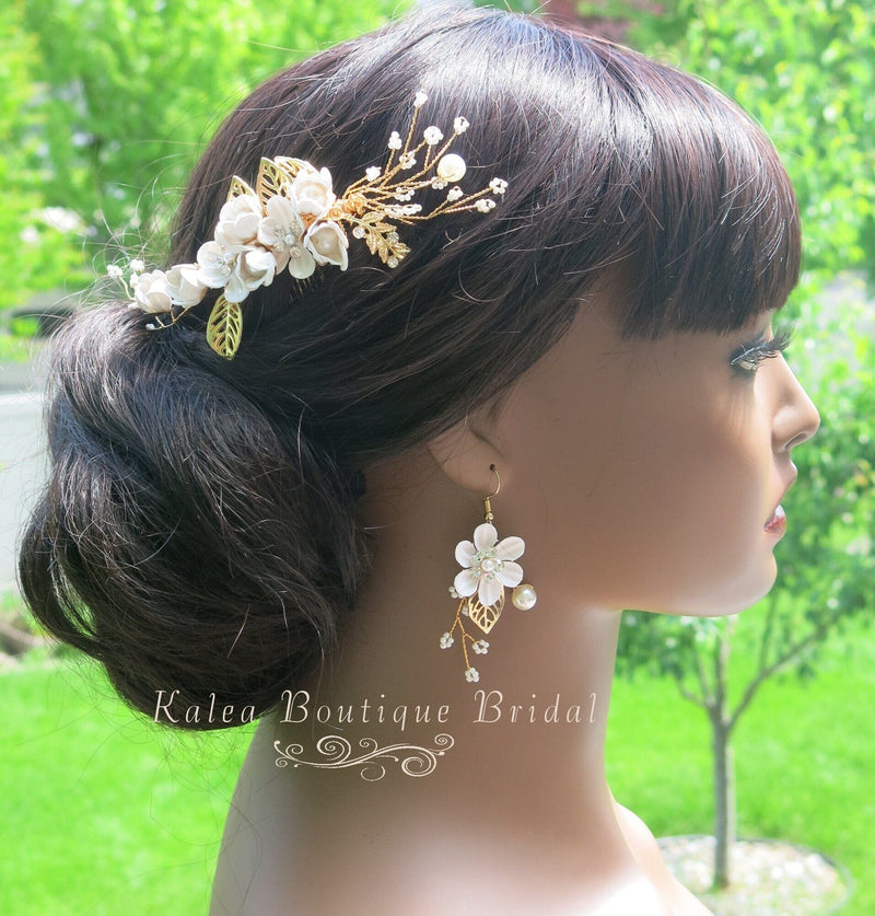 Off White Velvet Flower Hair Comb, Bridal Ivory Hair Comb and Earrings 3 PC Set, Wedding Floral Hairpin Set, Antique White Bridal Headpiece - KaleaBoutique.com