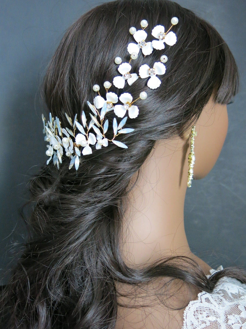 Opal White Flower Hair Comb, Bridal Opal Crystal Headpiece, Wedding Floral Gold Hairpiece - KaleaBoutique.com