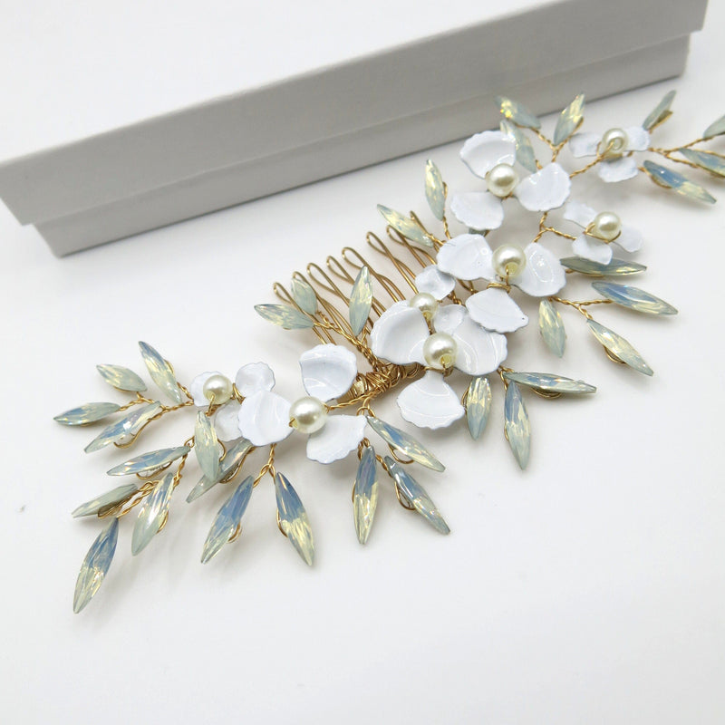 Opal White Flower Hair Comb, Bridal Opal Crystal Headpiece, Wedding Floral Gold Hairpiece - KaleaBoutique.com