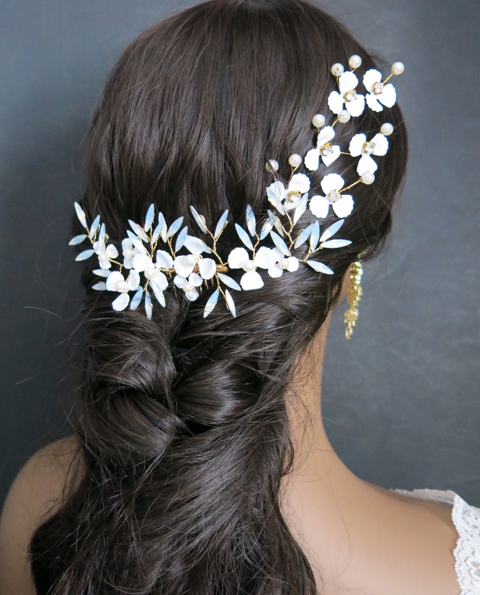 Vine Bridal Hair Comb Floral Tiara White Flowers Crystals Wedding Hair Piece Silk floral and crystal bridal headpiece - Dreamy creamy  main image 3