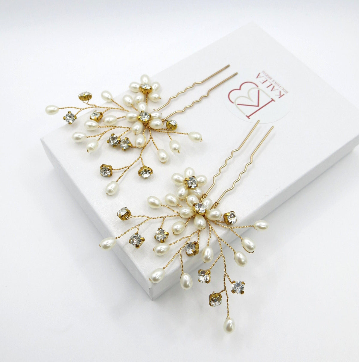 Oval Pearl Cluster 2 PC Hairpin Set, Wedding Rhinestone Flower Hair Pins, Bridal Pearl Flower Hairpin Set - KaleaBoutique.com