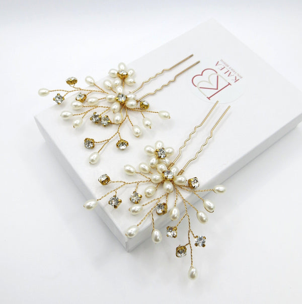 Oval Pearl Cluster 2 PC Hairpin Set, Wedding Rhinestone Flower Hair Pins, Bridal Pearl Flower Hairpin Set - KaleaBoutique.com