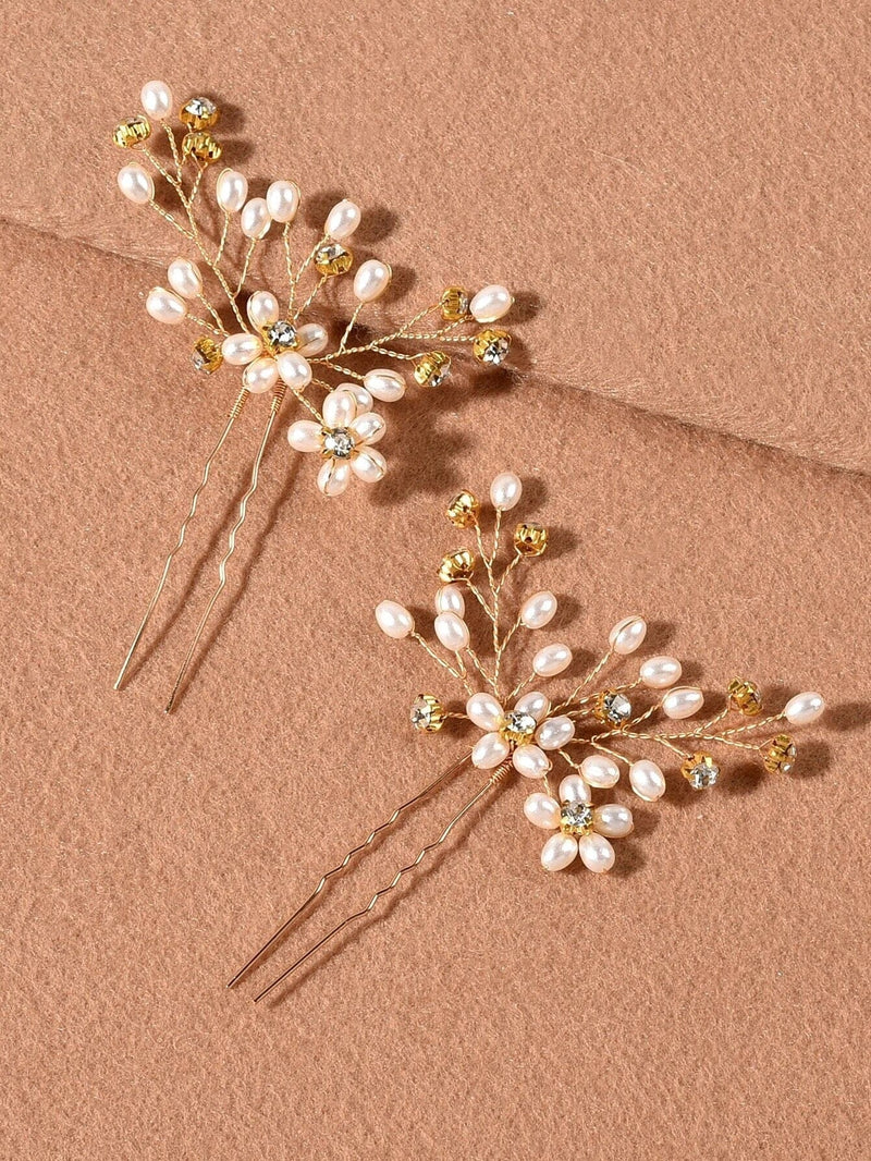 Oval Pearl Floral Cluster Gold 2 PC Hairpin Set, Wedding Rhinestone Leaf White Pearl Flower Hairpiece, Bridal Pearl Gem Wire Hair Pin Set - KaleaBoutique.com