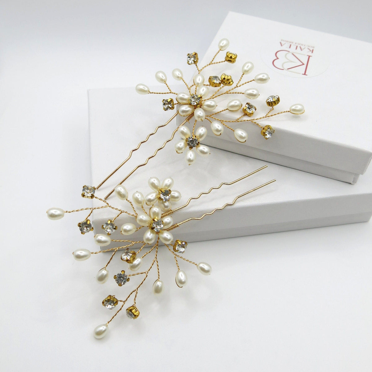 Oval Pearl Cluster 2 PC Hairpin Set, Wedding Rhinestone Flower Hair Pins, Bridal Pearl Flower Hairpin Set - KaleaBoutique.com