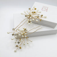 Oval Pearl Cluster 2 PC Hairpin Set, Wedding Rhinestone Flower Hair Pins, Bridal Pearl Flower Hairpin Set - KaleaBoutique.com