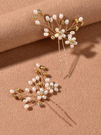 Oval Pearl Cluster 2 PC Hairpin Set, Wedding Rhinestone Flower Hair Pins, Bridal Pearl Flower Hairpin Set - KaleaBoutique.com