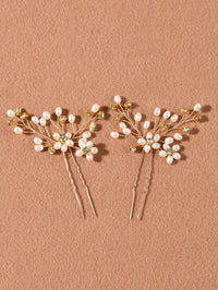 Oval Pearl Cluster 2 PC Hairpin Set, Wedding Rhinestone Flower Hair Pins, Bridal Pearl Flower Hairpin Set - KaleaBoutique.com