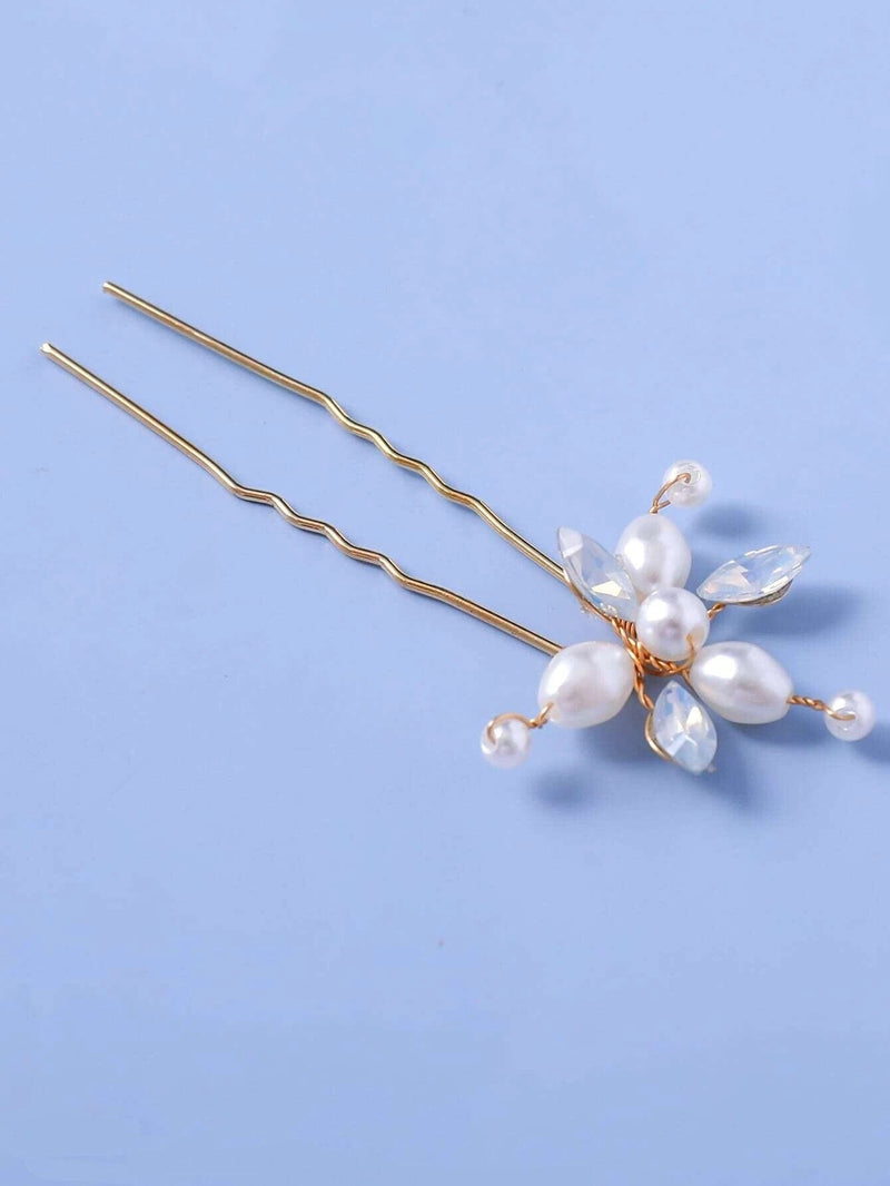 Oval Pearl Opal Leaf Gold 4 PC Hairpin Set, Bridal Pearl Cluster Gold Wire Hair Pins, Minimalist Wedding Opal Crystal Small Hairpiece Set - KaleaBoutique.com
