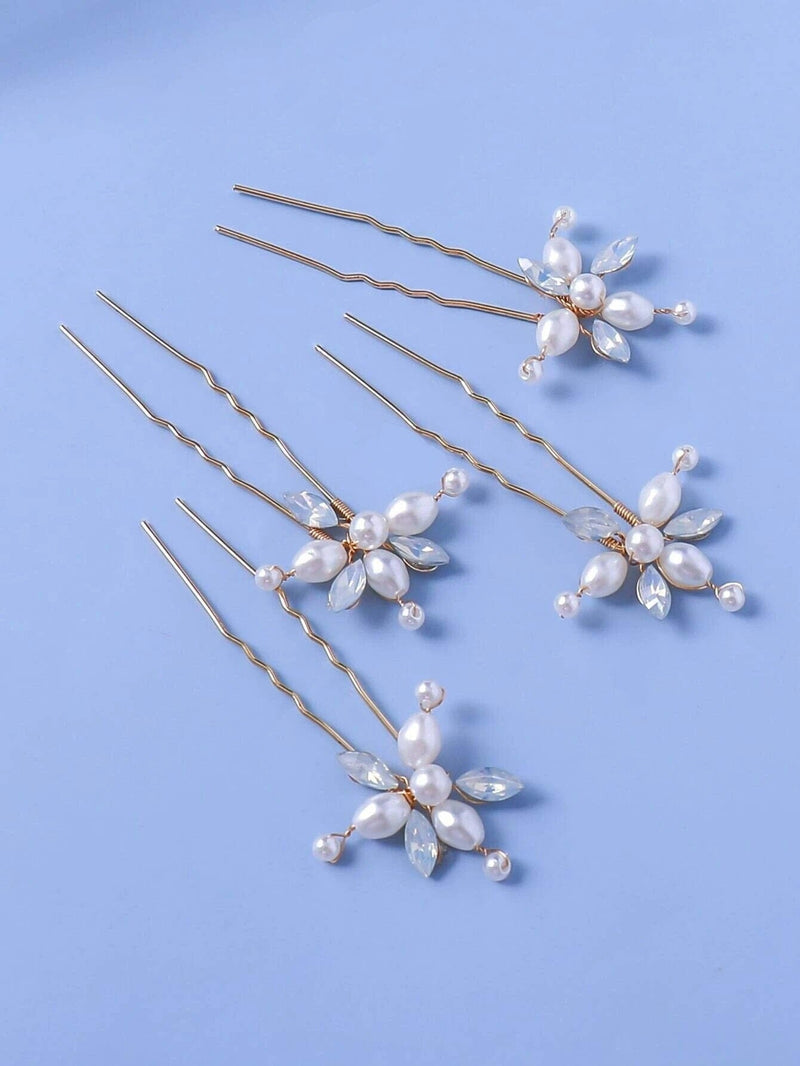 Oval Pearl Opal Gem 4 PC Hairpin Set, Bridal Pearl Cluster Gold Wire Hair Pins, Minimalist Wedding Opal Style Hair Pin Set - KaleaBoutique.com