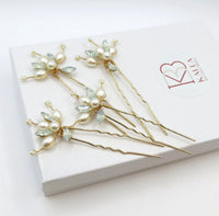 Oval Pearl Opal Gem 4 PC Hairpin Set, Bridal Pearl Cluster Gold Wire Hair Pins, Minimalist Wedding Opal Style Hair Pin Set - KaleaBoutique.com