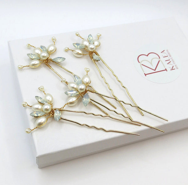 Oval Pearl Opal Gem 4 PC Hairpin Set, Bridal Pearl Cluster Gold Wire Hair Pins, Minimalist Wedding Opal Style Hair Pin Set - KaleaBoutique.com