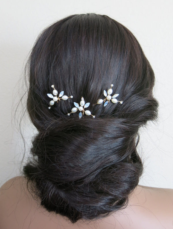 Oval Pearl Opal Gem 4 PC Hairpin Set, Bridal Pearl Cluster Gold Wire Hair Pins, Minimalist Wedding Opal Style Hair Pin Set - KaleaBoutique.com