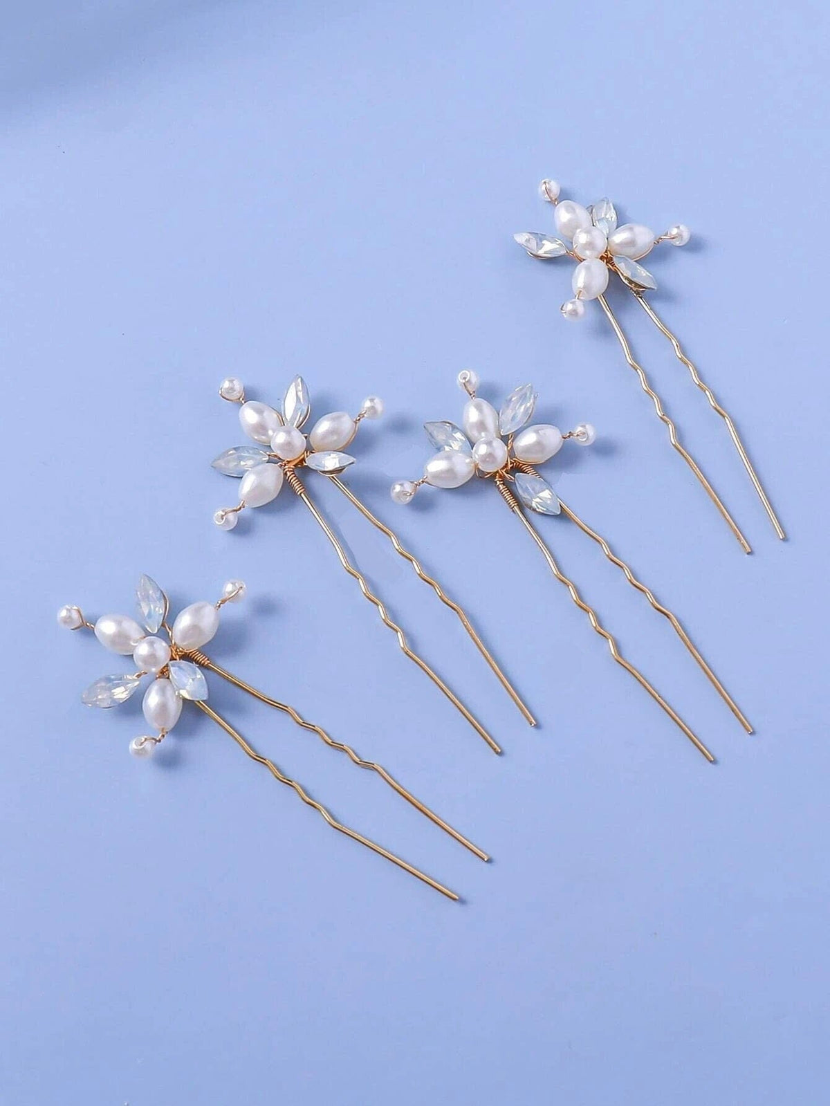 Oval Pearl Opal Gem 4 PC Hairpin Set, Bridal Pearl Cluster Gold Wire Hair Pins, Minimalist Wedding Opal Style Hair Pin Set - KaleaBoutique.com