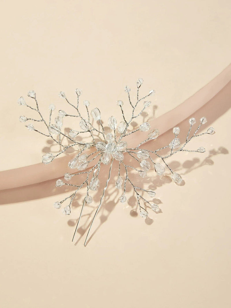 Oversized Bridal Crystal Bead Wire Hairpin, Wedding Crystal Floral Branch Hairpiece, Silver Wire Large Flower Hairpin, Bridesmaid Hair Pin - KaleaBoutique.com