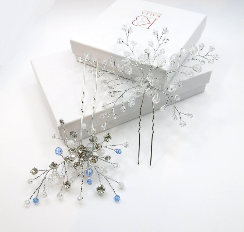 Oversized Bridal Crystal Bead Wire Hairpin, Wedding Crystal Floral Branch Hairpiece, Silver Wire Large Flower Hairpin, Bridesmaid Hair Pin - KaleaBoutique.com
