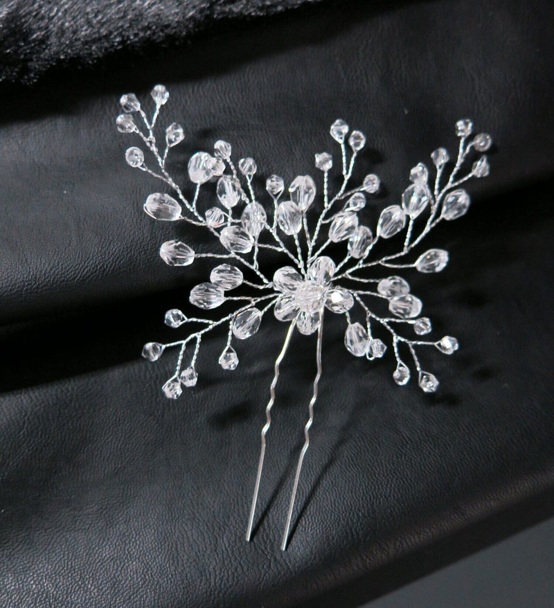 Oversized Bridal Crystal Bead Wire Hairpin, Wedding Crystal Floral Branch Hairpiece, Large Flower Hairpin - KaleaBoutique.com