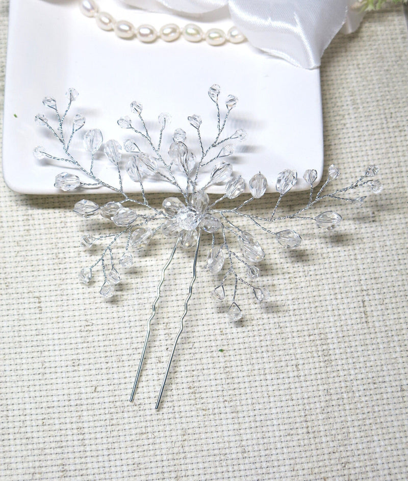 Oversized Bridal Crystal Bead Wire Hairpin, Wedding Crystal Floral Branch Hairpiece, Large Flower Hairpin - KaleaBoutique.com