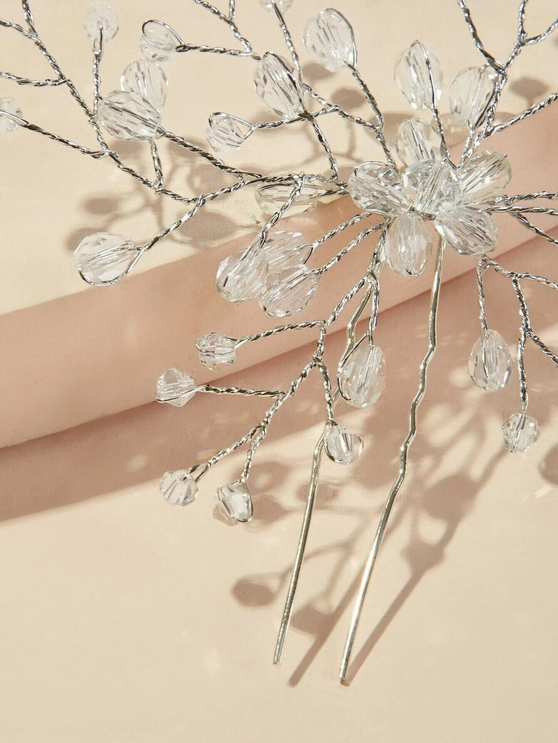 Oversized Bridal Crystal Bead Wire Hairpin, Wedding Crystal Floral Branch Hairpiece, Large Flower Hairpin - KaleaBoutique.com