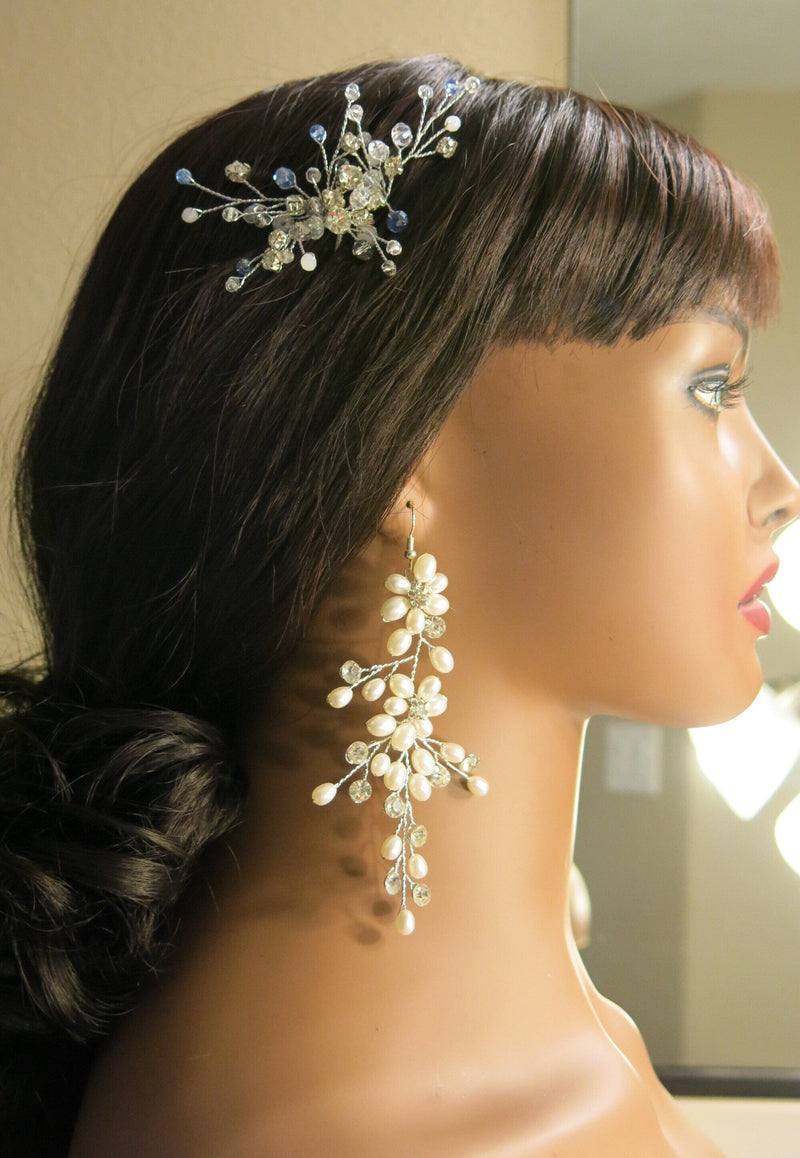 Oversized Bridal Crystal Bead Wire Hairpin, Wedding Crystal Floral Branch Hairpiece, Large Flower Hairpin - KaleaBoutique.com