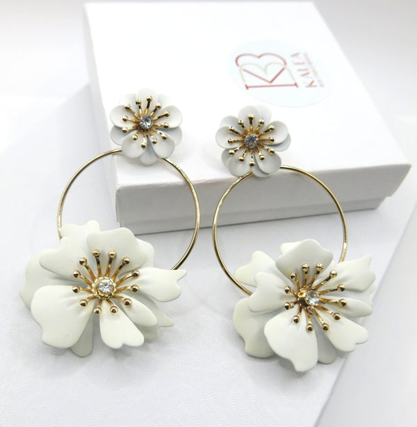Oversized Double Flower Earrings, Wedding Bridal Floral Studs, Bridesmaid Large Floral Hoop Earrings - KaleaBoutique.com