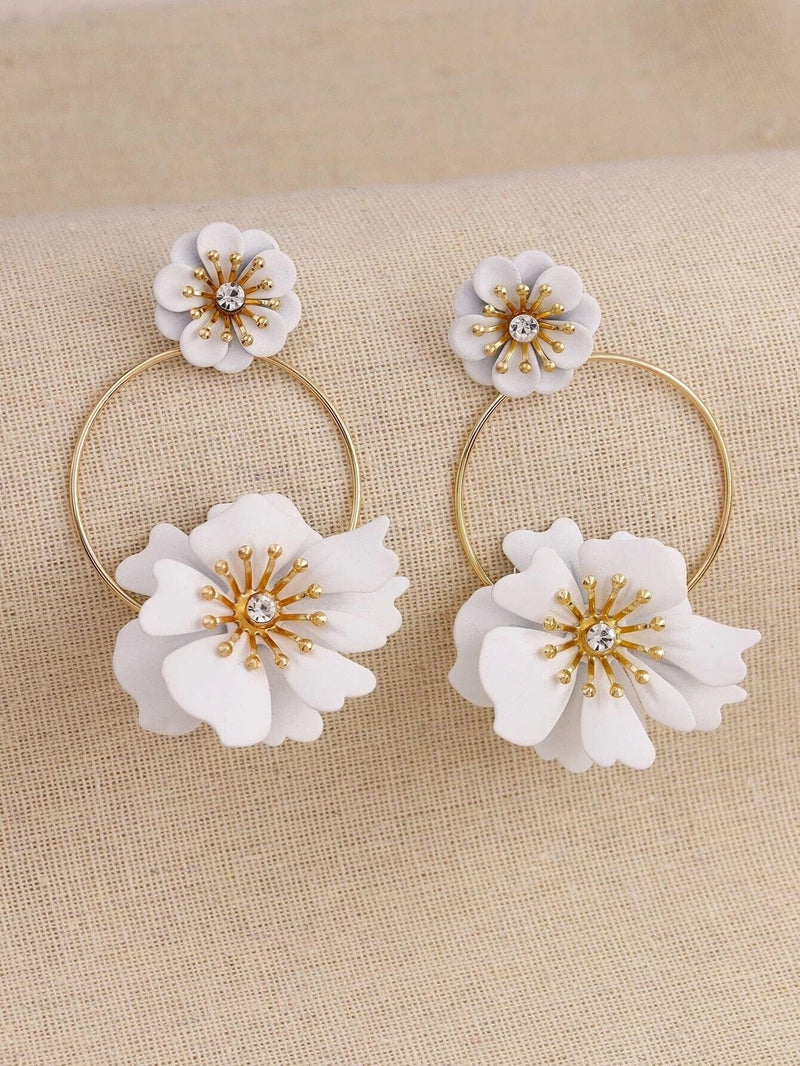 Oversized Double Flower Earrings, Wedding Bridal Floral Studs, Bridesmaid Large Floral Stud Earrings, White Flower Hoop Earrings - KaleaBoutique.com