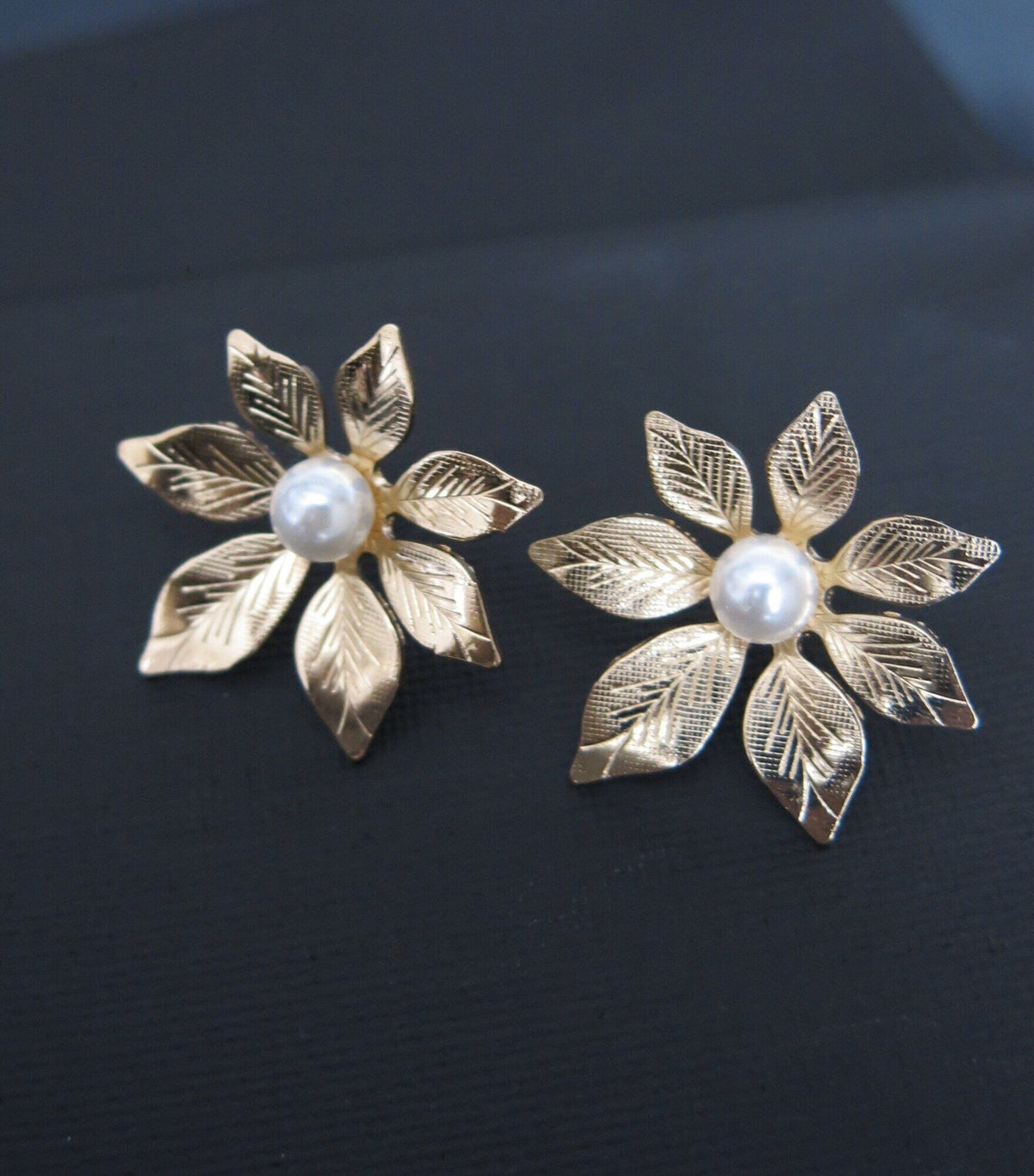Oversized Gold Flower Pearl Studs, Wedding Bridal Floral Earrings, Large 1.2"L Stud Statement Earrings - KaleaBoutique.com