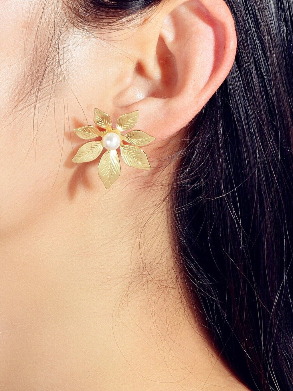 Oversized Gold Flower Pearl Studs, Wedding Bridal Floral Earrings, Large 1.2"L Stud Statement Earrings - KaleaBoutique.com