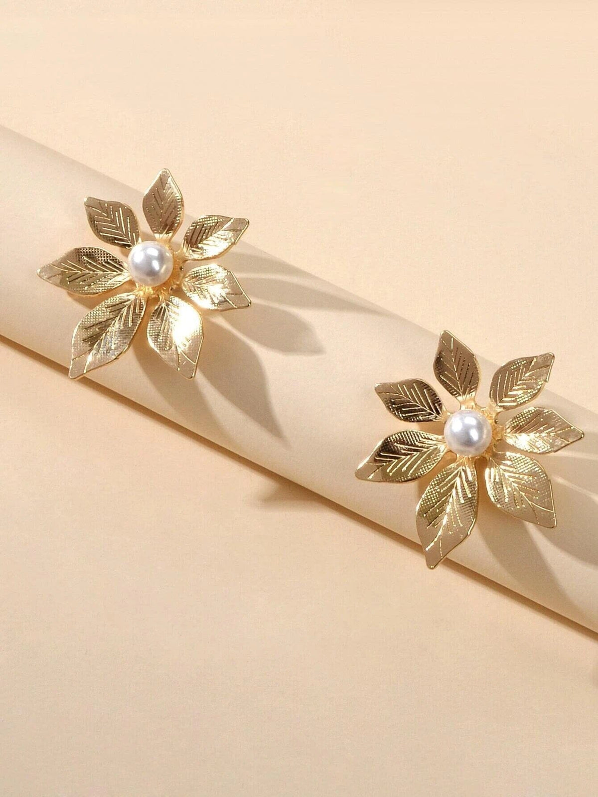 Oversized Gold Flower Pearl Studs, Wedding Bridal Floral Earrings, Large 1.2"L Stud Statement Earrings - KaleaBoutique.com