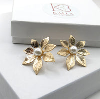 Oversized Gold Flower Pearl Studs, Wedding Bridal Floral Earrings, Large 1.2"L Stud Statement Earrings - KaleaBoutique.com