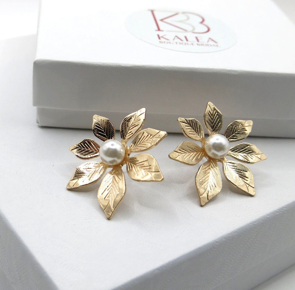 Oversized Gold Flower Pearl Studs, Wedding Bridal Floral Earrings, Large 1.2"L Stud Statement Earrings - KaleaBoutique.com