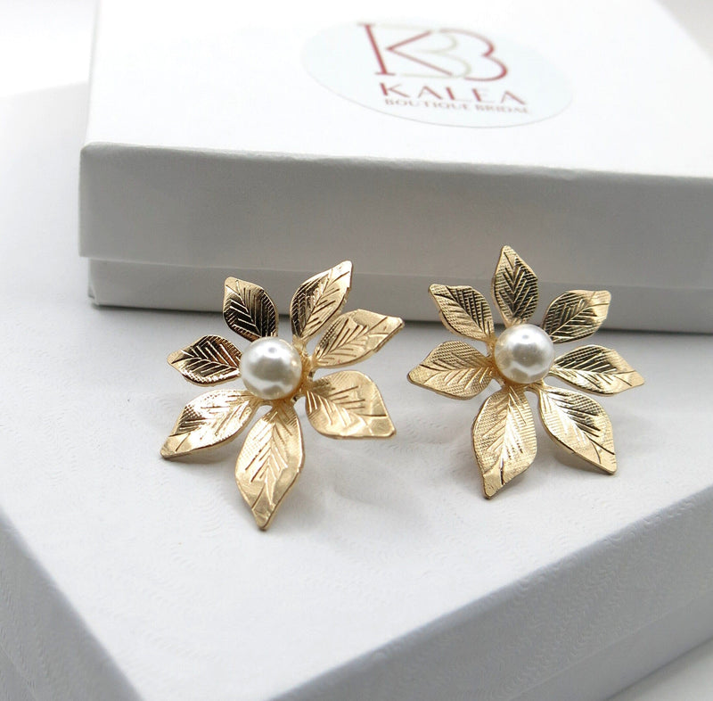 Oversized Gold Flower Pearl Studs, Wedding Bridal Floral Earrings, Large 1.2"L Stud Statement Earrings - KaleaBoutique.com