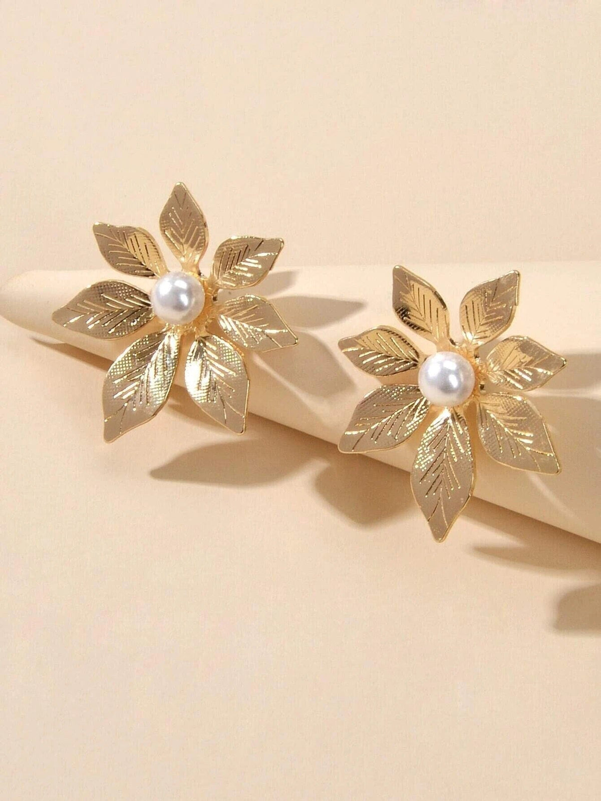 Oversized Gold Flower Pearl Studs, Wedding Bridal Floral Earrings, Large 1.2"L Stud Statement Earrings - KaleaBoutique.com