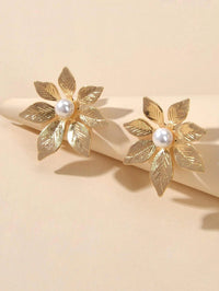 Oversized Gold Flower Pearl Studs, Wedding Bridal Floral Earrings, Large 1.2"L Stud Statement Earrings - KaleaBoutique.com