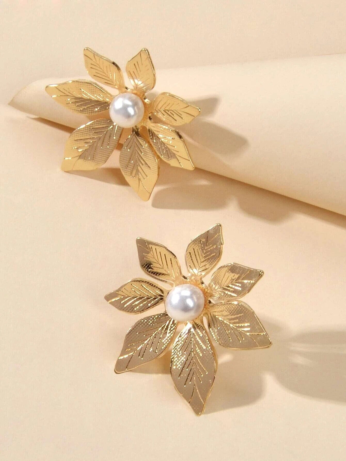 Oversized Gold Flower Pearl Studs, Wedding Bridal Floral Earrings, Large 1.2"L Stud Statement Earrings - KaleaBoutique.com
