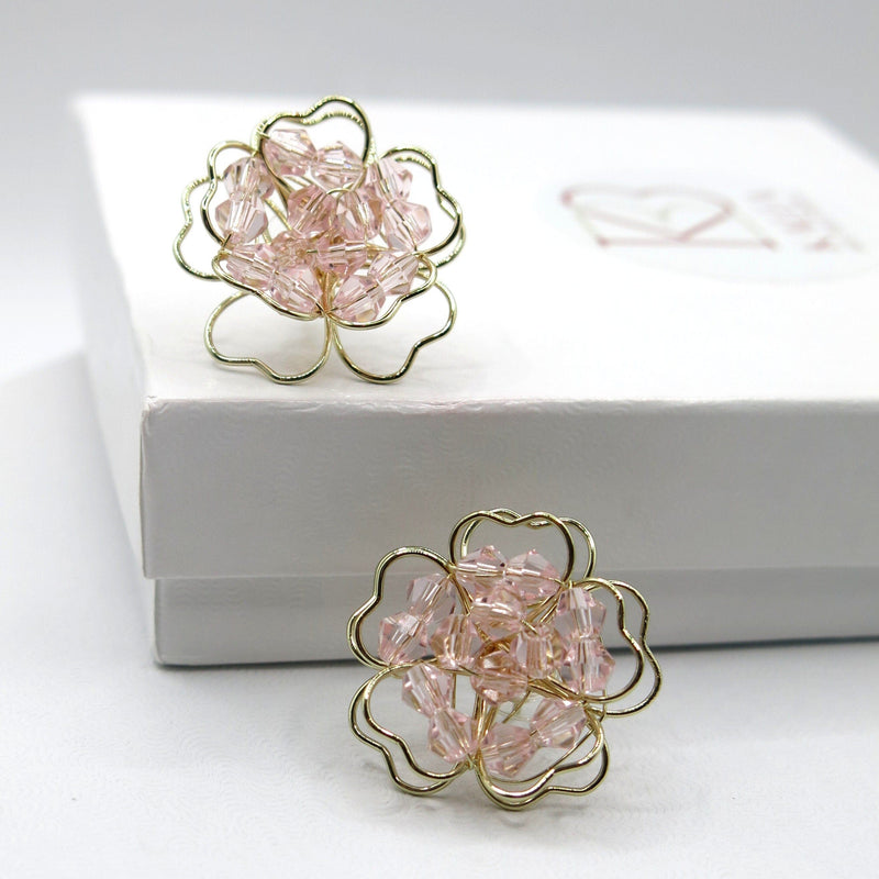 Oversized Pink Flower Stud Earrings, Wedding Bridal Fashion Large Earrings, Gold Wire Crystal Flower Studs - KaleaBoutique.com