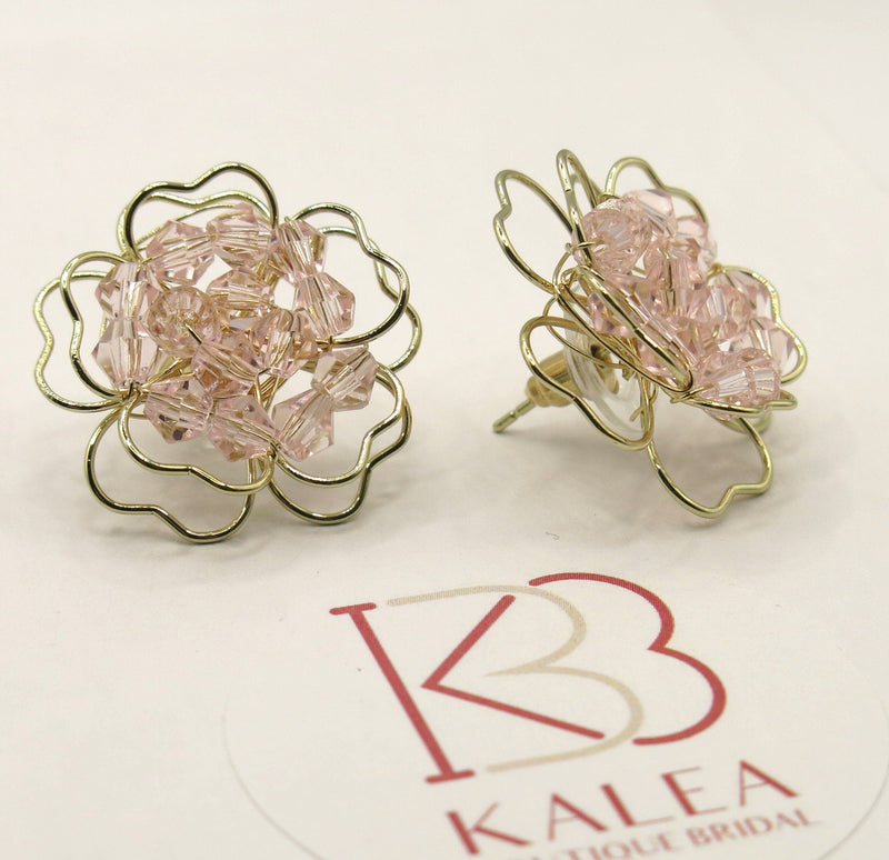 Oversized Pink Flower Stud Earrings, Wedding Bridal Fashion Large Earrings, Gold Wire Crystal Flower Studs - KaleaBoutique.com