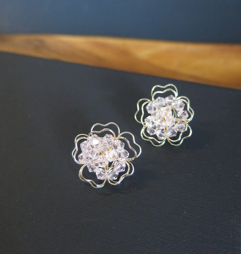 Oversized Pink Flower Stud Earrings, Wedding Bridal Fashion Large Earrings, Gold Wire Crystal Flower Studs - KaleaBoutique.com