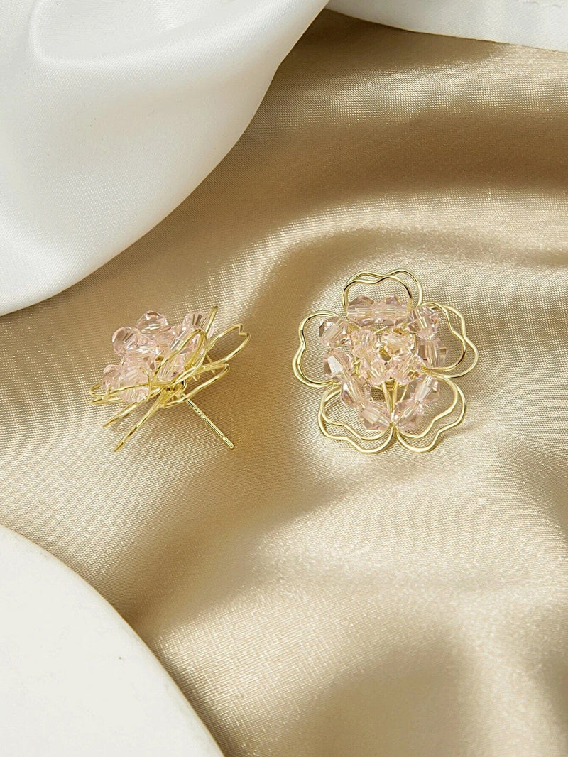 Oversized Pink Flower Stud Earrings, Wedding Bridal Fashion Large Earrings, Gold Wire Crystal Flower Studs - KaleaBoutique.com