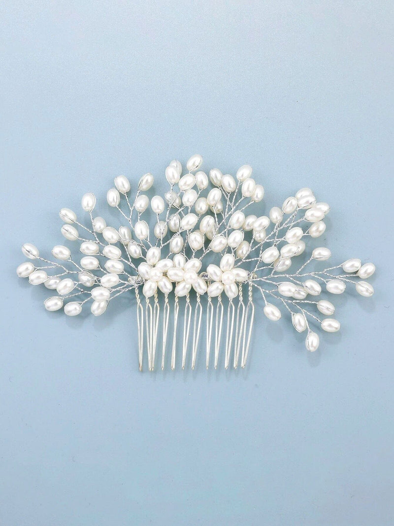 Pearl Branch Wedding Hair Comb, Bridal Silver Decorative Large Hair Comb, Wedding Oval Pearl Hairpin Headpiece for Bride - KaleaBoutique.com