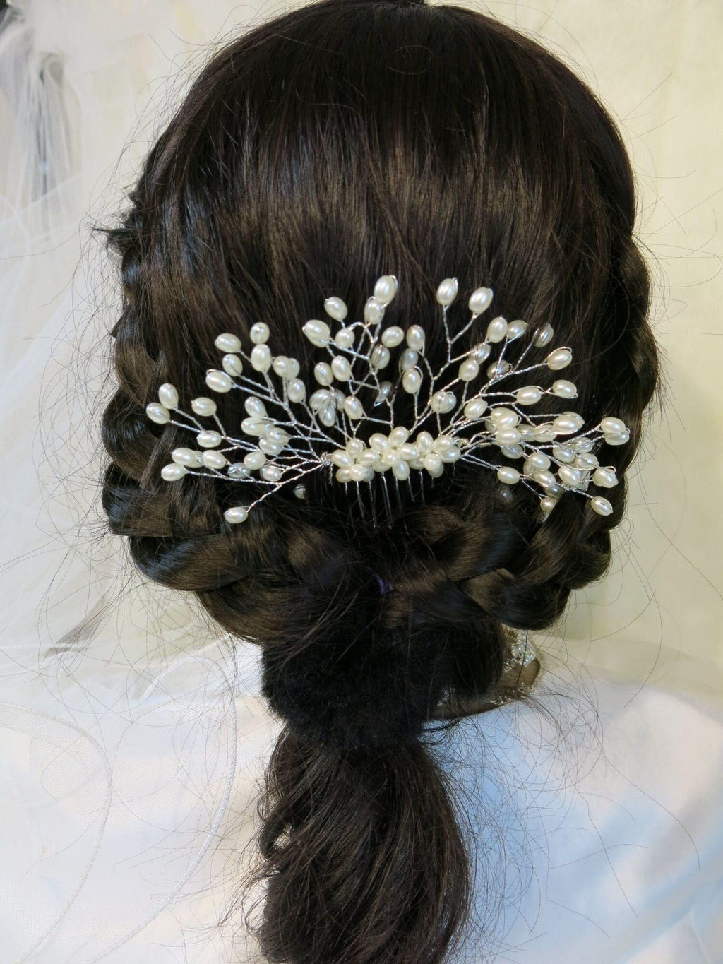 Pearl Branch Wedding Hair Comb, Bridal Silver Decorative Large Hair Comb, Wedding Oval Pearl Hairpin Headpiece for Bride - KaleaBoutique.com