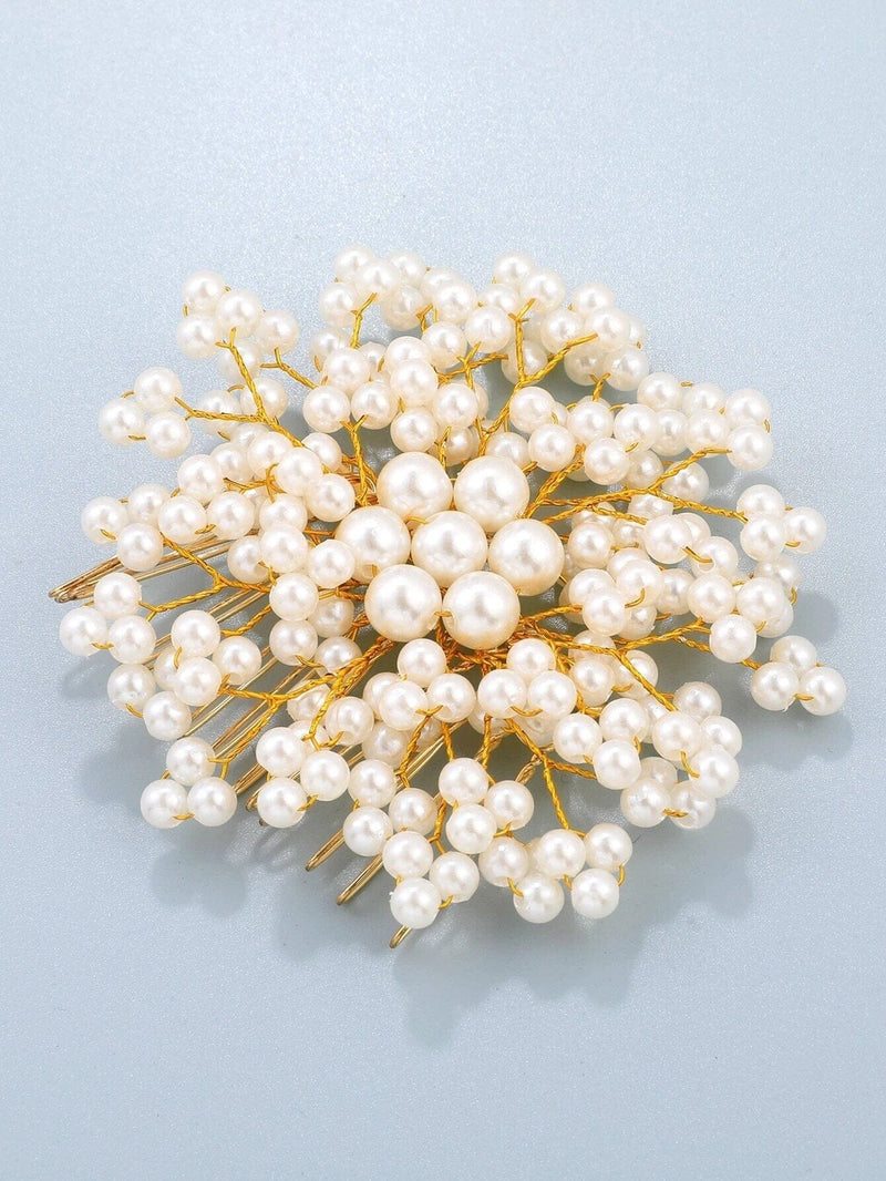 Pearl Cluster Starburst Circle Hair Comb, Bridal Pearl White Hair Comb, Wedding Pearl Round Hairpin Hair Comb - KaleaBoutique.com