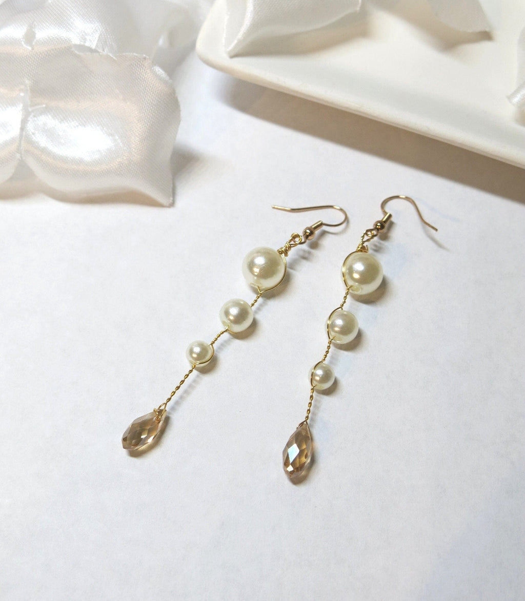 Pearl Dangle Gold Wire Earrings, Crystal White Pearl Bridal Earrings, Wedding Pearl Wire Earrings - KaleaBoutique.com