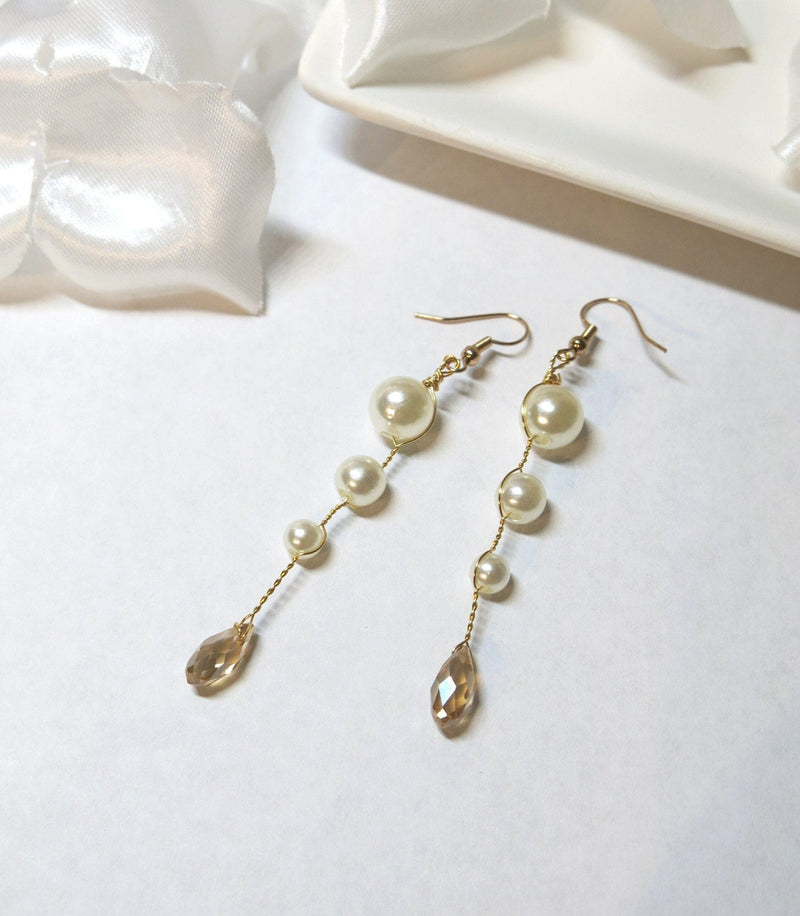 Pearl Dangle Gold Wire Earrings, Champagne Crystal White Pearl Earrings, Bridal Minimalist Earring Jewelry, Wedding Pearl Wire Earrings - KaleaBoutique.com