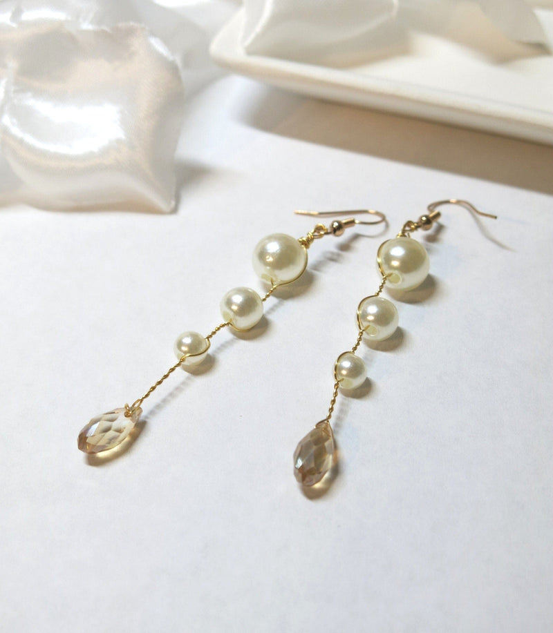 Pearl Dangle Gold Wire Earrings, Champagne Crystal White Pearl Earrings, Bridal Minimalist Earring Jewelry, Wedding Pearl Wire Earrings - KaleaBoutique.com