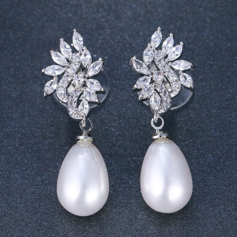 Pearl Wedding Crystal Earrings, Baroque Pearl Bridal CZ Diamond Earrings, Crystal Bridesmaid Earrings - KaleaBoutique.com