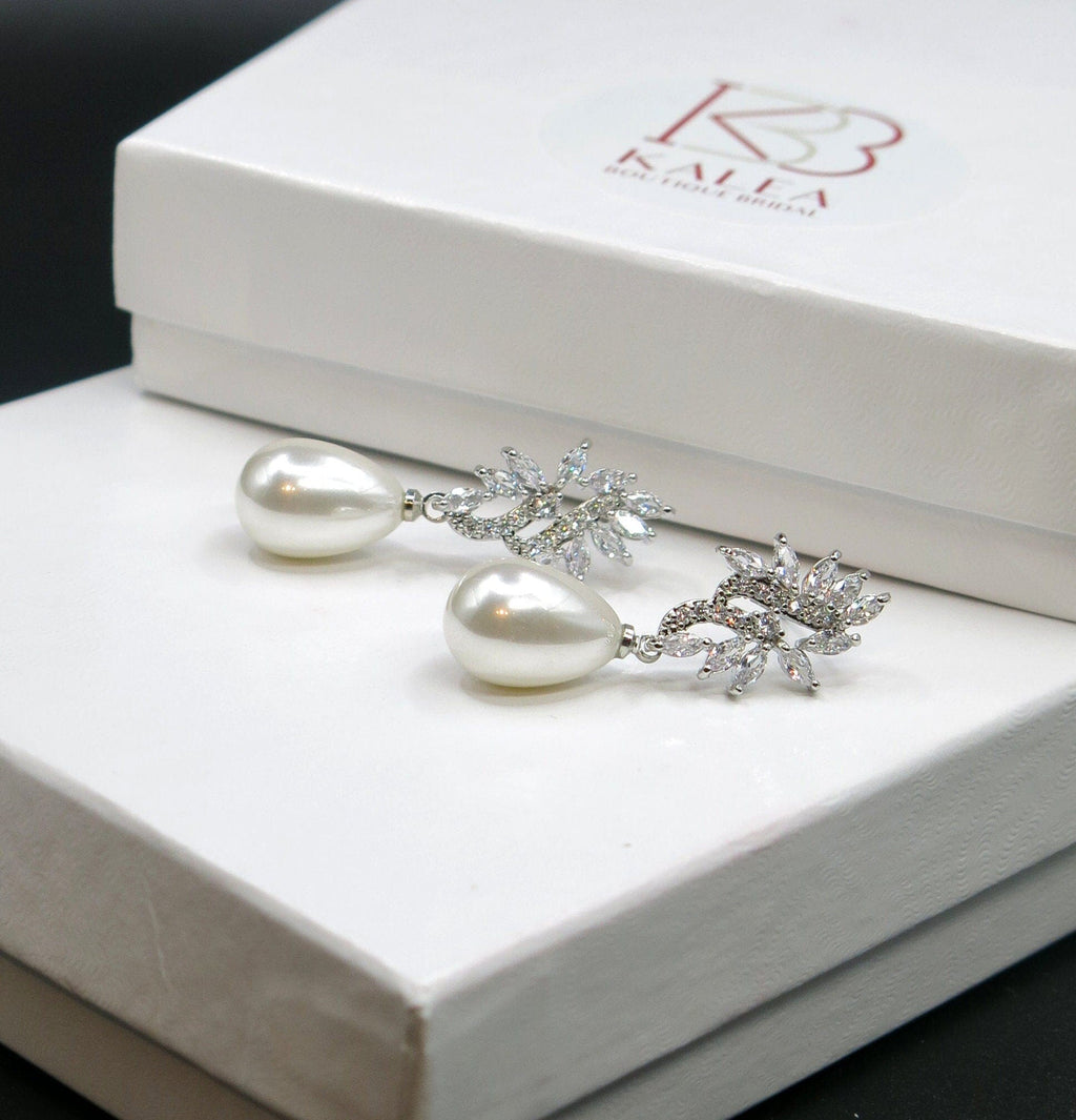 Pearl Wedding Crystal Earrings, Baroque Pearl Bridal CZ Diamond Earrings, Crystal Bridesmaid Earrings - KaleaBoutique.com