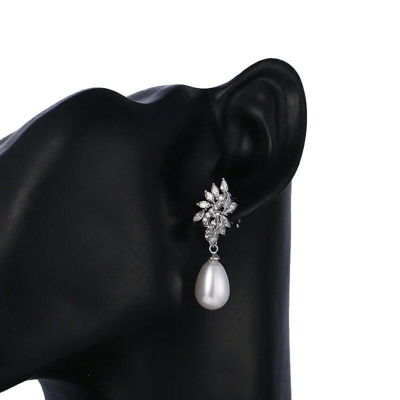 Pearl Wedding Crystal Earrings, Baroque Pearl Bridal CZ Diamond Earrings, Crystal Bridesmaid Earrings - KaleaBoutique.com
