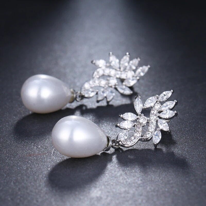 Pearl Wedding Crystal Earrings, Baroque Pearl Bridal CZ Diamond Earrings, Crystal Bridesmaid Earrings - KaleaBoutique.com