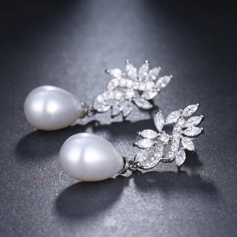 Pearl Drop Wedding Crystal Earrings, Baroque Pearl Bridal CZ Diamond Earrings, Fashion Bride Earrings, Silver Wedding Stud Earrings - KaleaBoutique.com